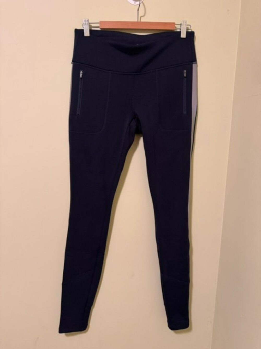 Athleta Blue Fleece Leggins with Reflective Stripe, Navy Blue - Size Medium Tall